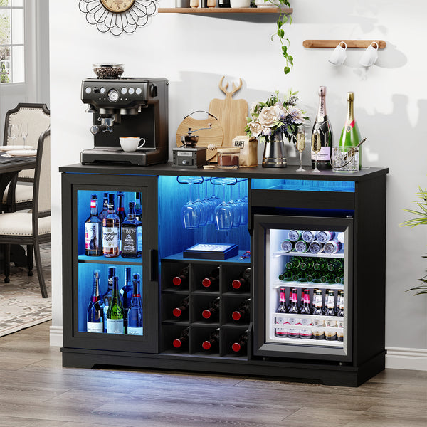 Wine Bar Cabinet with Fridge (Included), Liquor Coffee Cabinet with LED Lights & Rack, Mini Fridge Cabinet with Storage