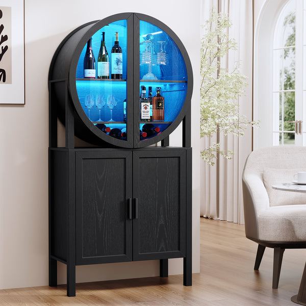 Rounded Wine Bar Cabinet with LED Lights, 65" Tall Storage Cabinet with Glass Doors & Shelves