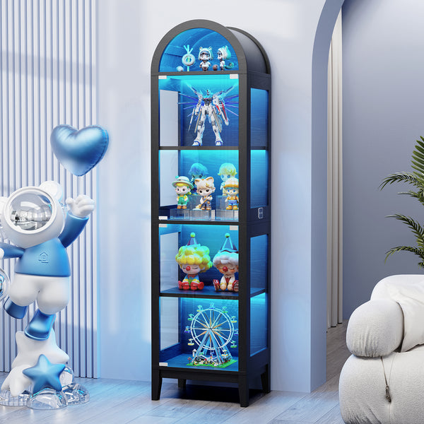 71" Tall Arched Display Cabinet with Glass Doors, Curio Cabinet with LED Lights for Collectibles