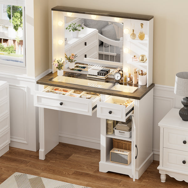 Farmhouse Vanity Desk with Mirror and Lights