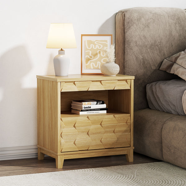 Nightstand with Gun Drawer, Modern Fluted Bedside Table with Unique 3-Dimensional Craf