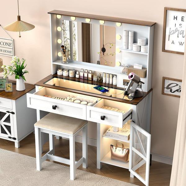 Farmhouse Makeup Vanity Desk Mirror & Lights
